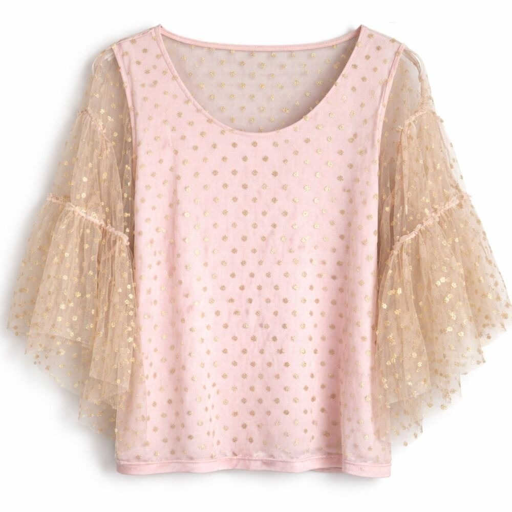 Pink Gold Polka Dot Sheer Bell Sleeve‎ Romantic Fairy Fairycore top L